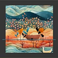 Cartoon Scene With Red Boat on Blue Wavy Water and Colorful Leaves Around Plants